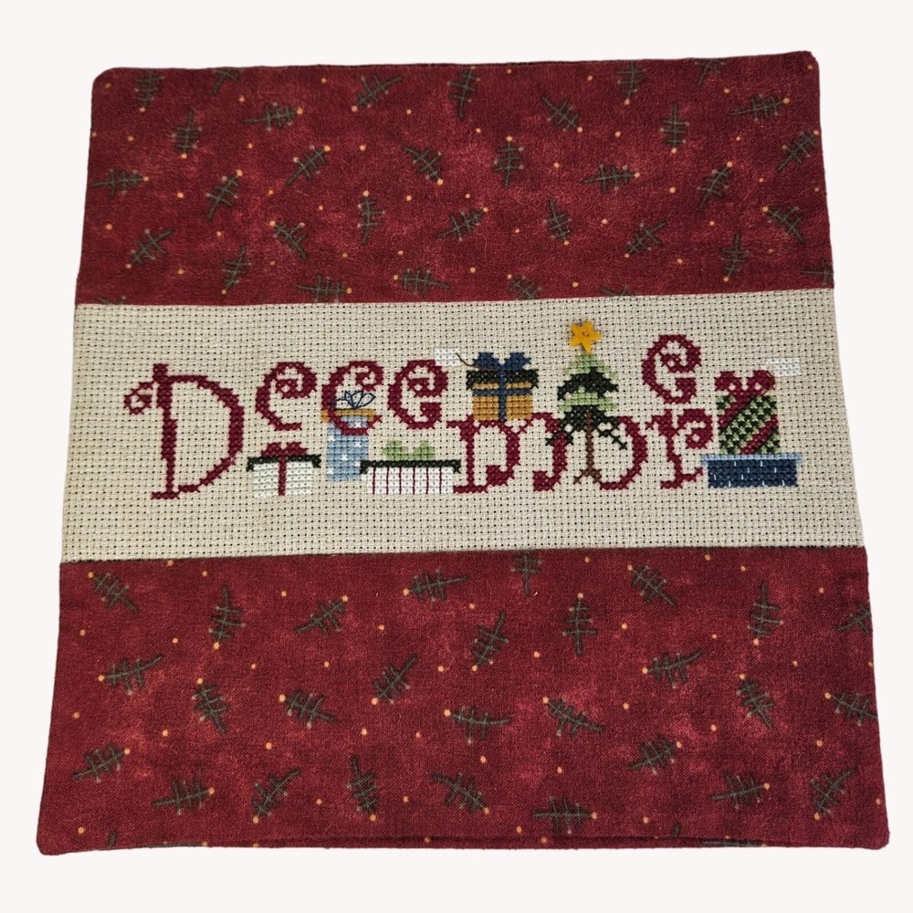 Christmas Cross Stitch Pillow Sham COMPLETED Holiday December Button Flannel